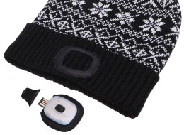 Čiapka s čelovkou 180 lm, dobíjateľná, USB, univerzálna veľkosť, bavlna/PE, zimná čierna