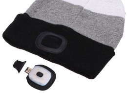 Čiapka s čelovkou 180 lm, dobíjateľná, USB, univerzálna veľkosť, bavlna/PE, čierna/sivá/biela