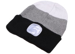 Čiapka s čelovkou 180 lm, dobíjateľná, USB, univerzálna veľkosť, bavlna/PE, čierna/sivá/biela
