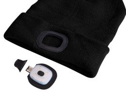 Čiapka s čelovkou 180 lm, dobíjateľná, USB, univerzálna veľkosť, bavlna/PE, čierna s brmbolčekom