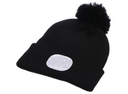 Čiapka s čelovkou 180 lm, dobíjateľná, USB, univerzálna veľkosť, bavlna/PE, čierna s brmbolčekom
