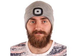 Čiapka s čelovkou 180 lm, nabíjateľná, USB, univerzálna veľkosť, bavlna/PE, svetlo šedá