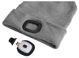 Čiapka s čelovkou 180 lm, nabíjateľná, USB, univerzálna veľkosť, bavlna/PE, svetlo šedá