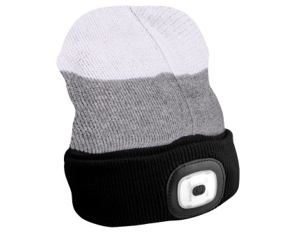 Čiapka s čelovkou 180 lm, dobíjateľná, USB, univerzálna veľkosť, bavlna/PE, čierna/sivá/biela