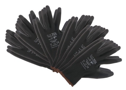 Pracovné rukavice z polyesteru polomáčané v PU GLOVE PE-PU 9, čierne, veľ. 9, 6 párov