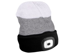Čiapka s čelovkou 180 lm, dobíjateľná, USB, univerzálna veľkosť, bavlna/PE, čierna/sivá/biela