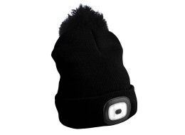 Čiapka s čelovkou 180 lm, dobíjateľná, USB, univerzálna veľkosť, bavlna/PE, čierna s brmbolčekom