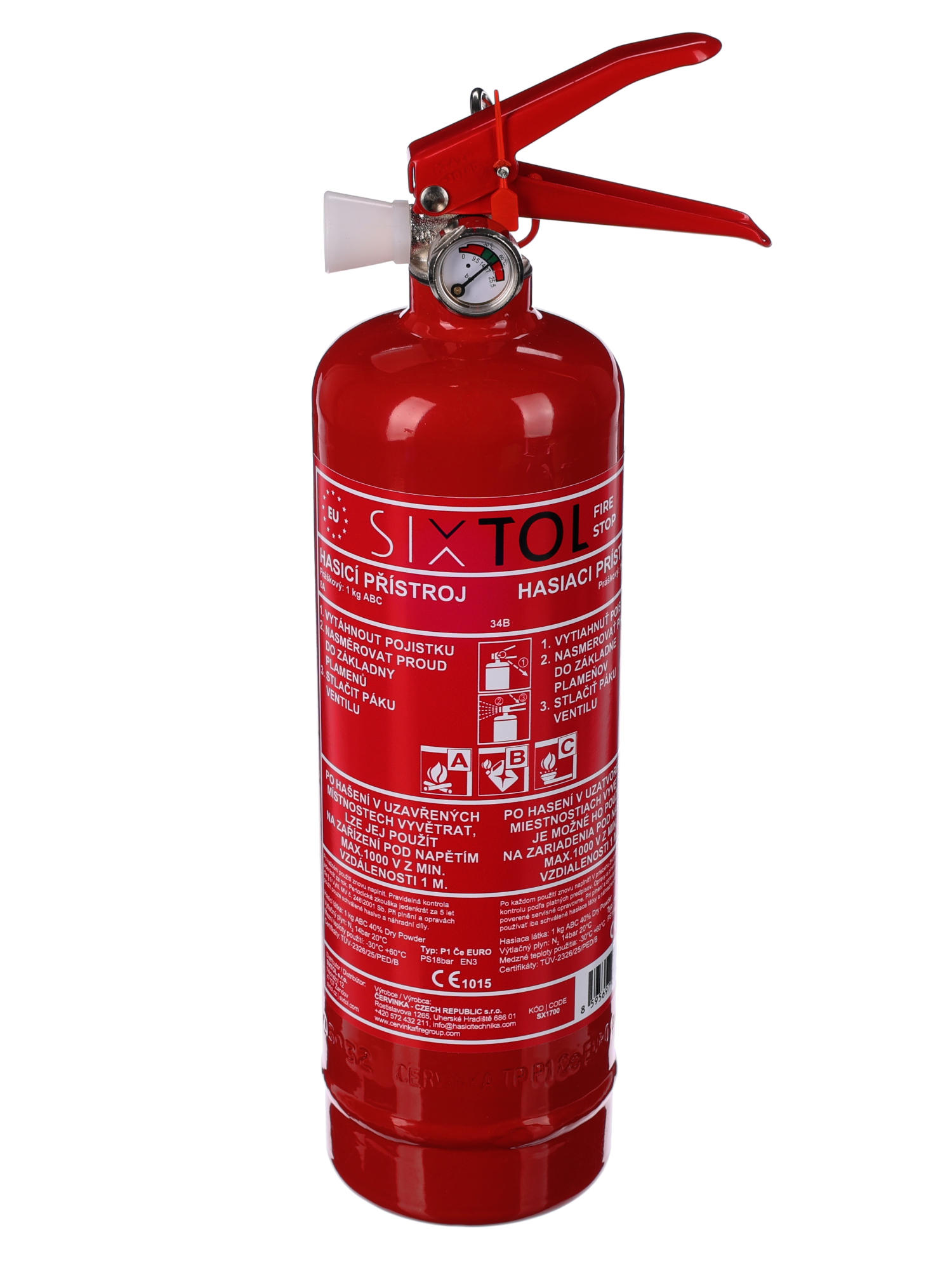 Práškový hasiaci prístroj FIRE STOP 1 kg, ABC, celokovový, vrátane kovového držiaka