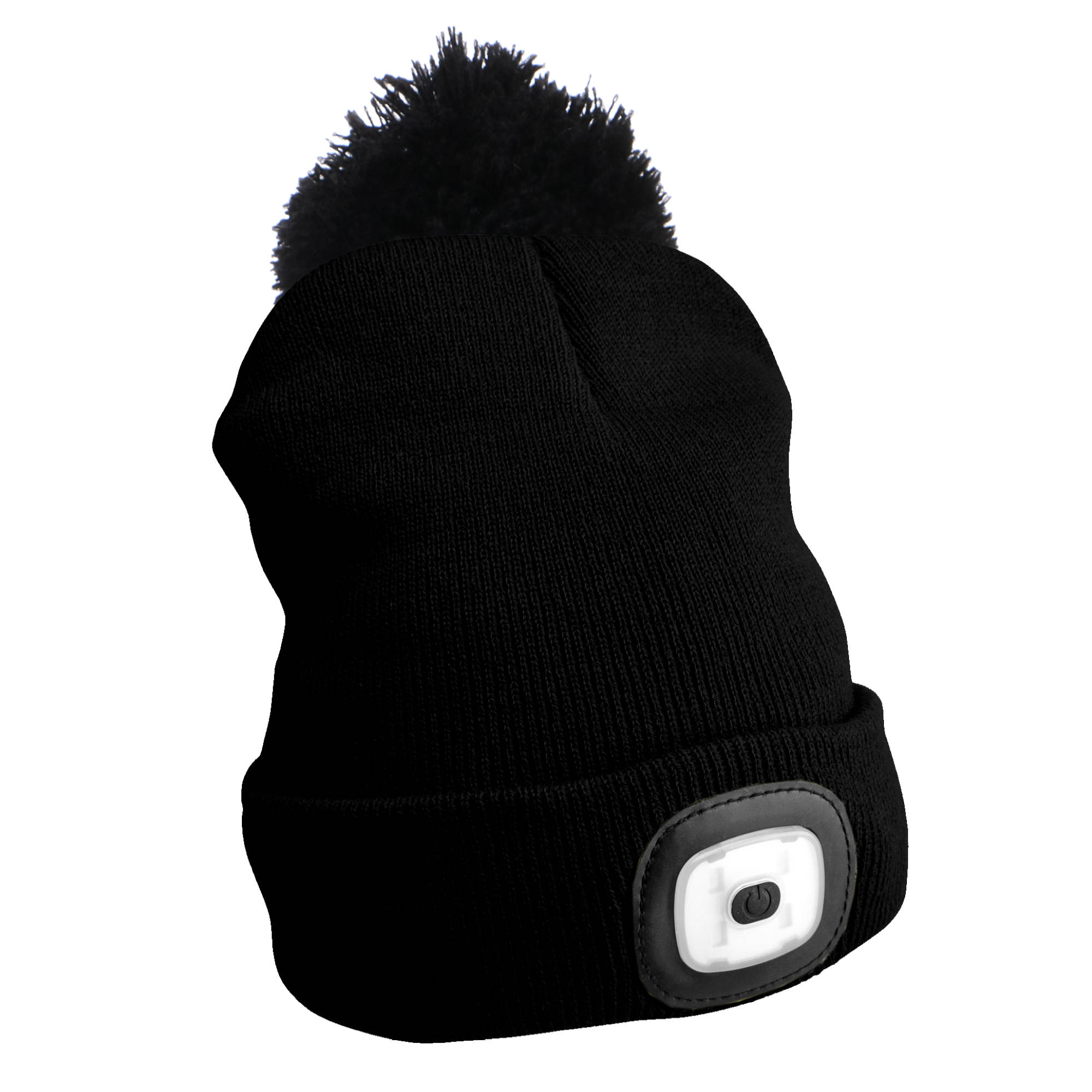 Čiapka s čelovkou 180 lm, dobíjateľná, USB, univerzálna veľkosť, bavlna/PE, čierna s brmbolčekom