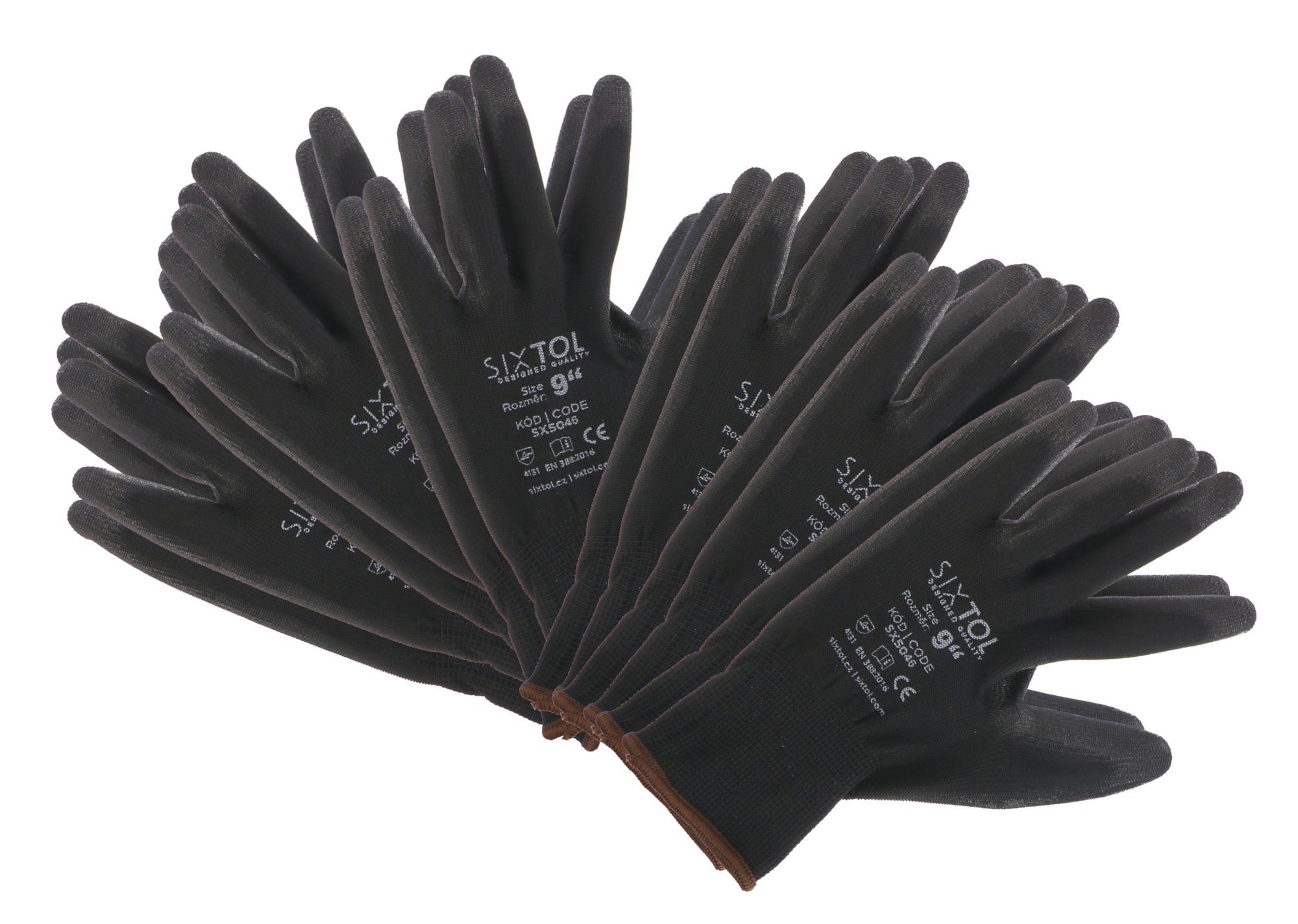 Pracovné rukavice z polyesteru polomáčané v PU GLOVE PE-PU 9, čierne, veľ. 9, 6 párov