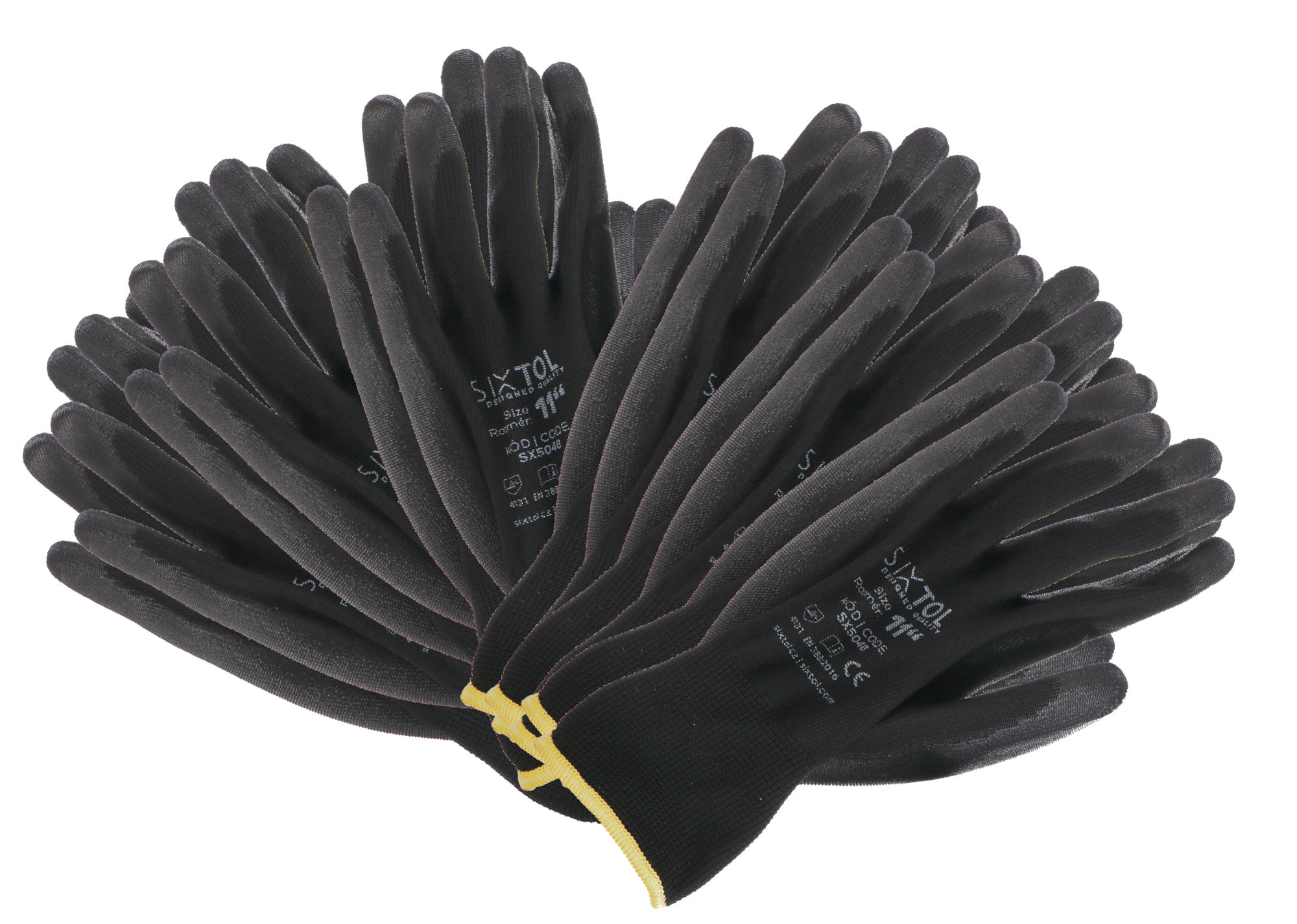 Pracovné rukavice z polyesteru polomáčané v PU GLOVE PE-PU 11, čierne, veľ. 11\", 6 párov