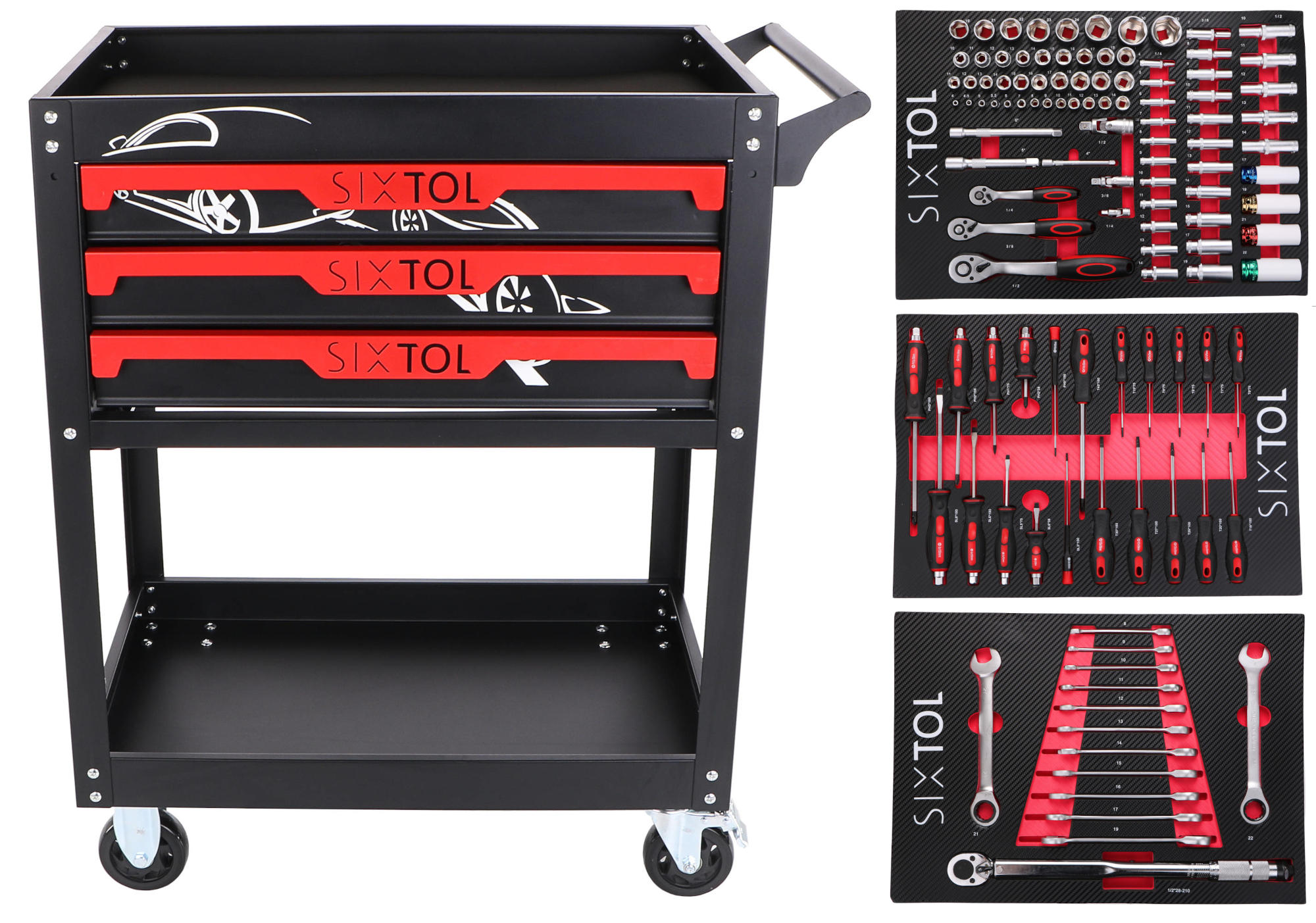 Dielenský vozík s náradím MECHANIC TROLLEY JASON 115, 3 zásuvky, 1 polica, 115 ks náradia