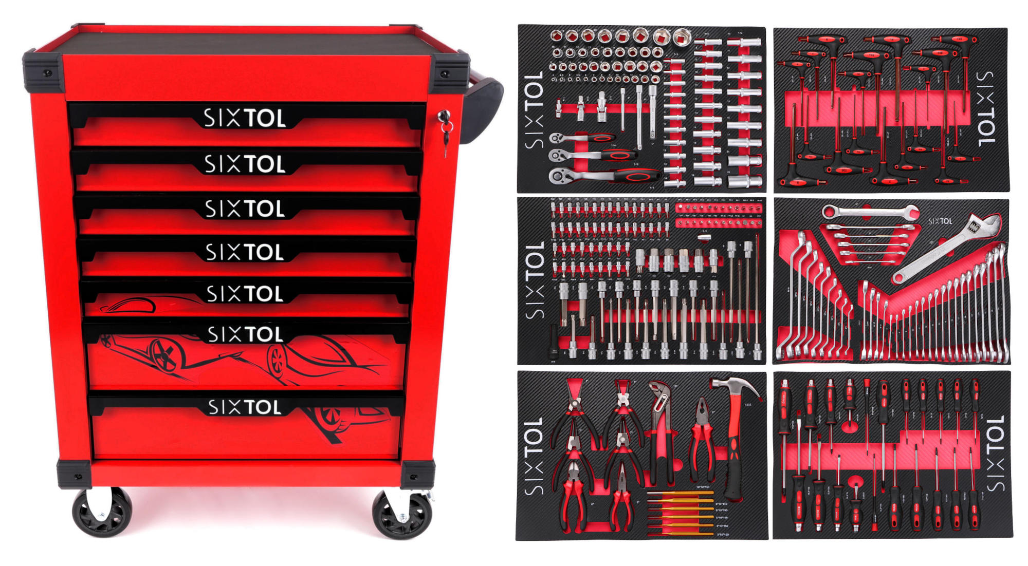 Fotografia produktu: Sixtol Dielenský vozík na náradie MECHANIC TROLLEY KEVIN RED 274, 7 zásuviek, 274 ks náradia